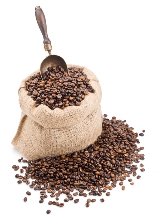 sack of coffee beans with retro scoop isolated on white background